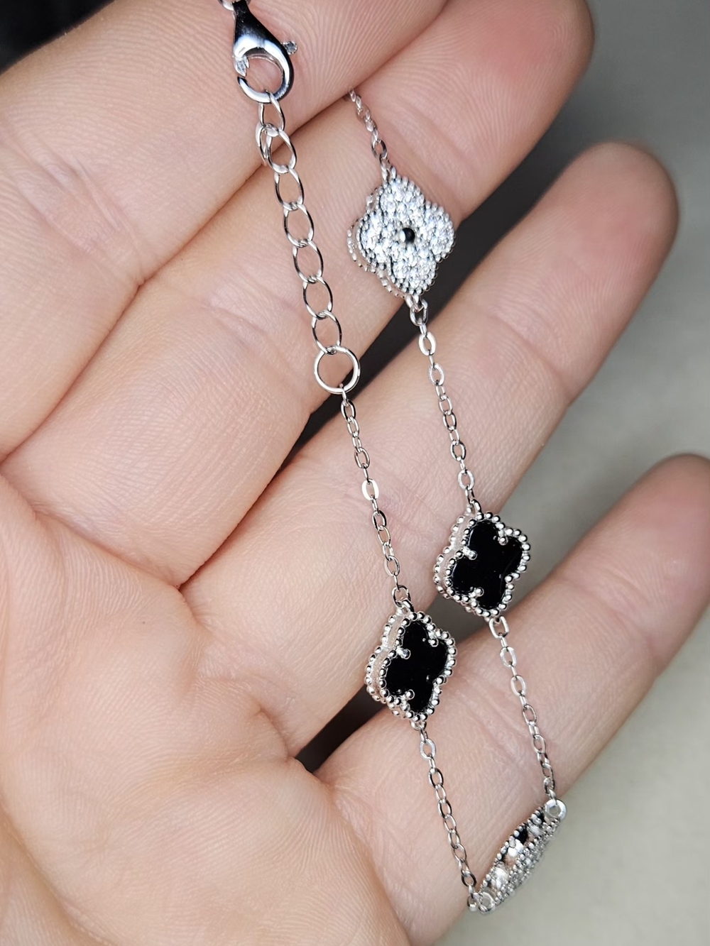 Delicate Sterling Silver Bracelet with Black Onyx Clover Accents